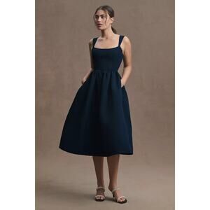 New Anthropologie Blaine Square-Neck Taffeta A-Line Midi Dress $268 SIZE 8 Blue